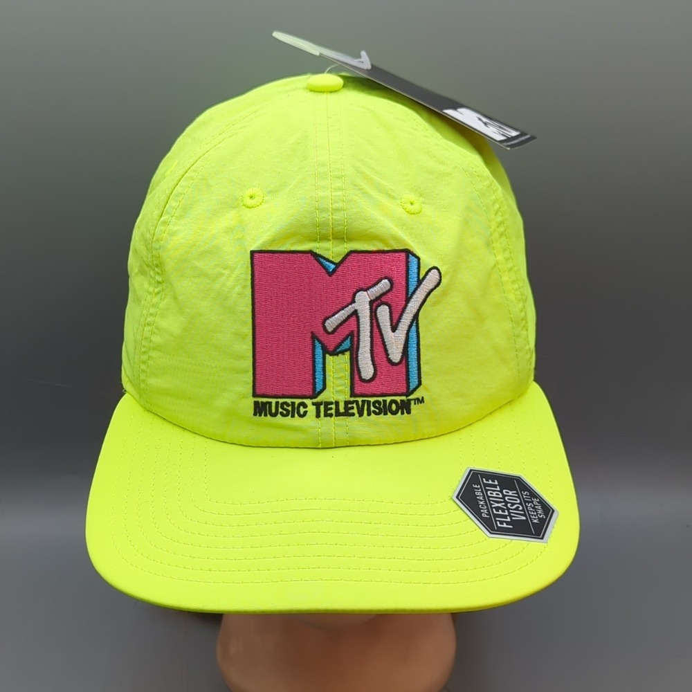 MTV Music Television Retro Yellow Pink Logo Neon Snapback Hat Cap Packable NWT